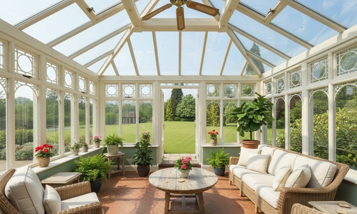 House with extension - interior to landscape view